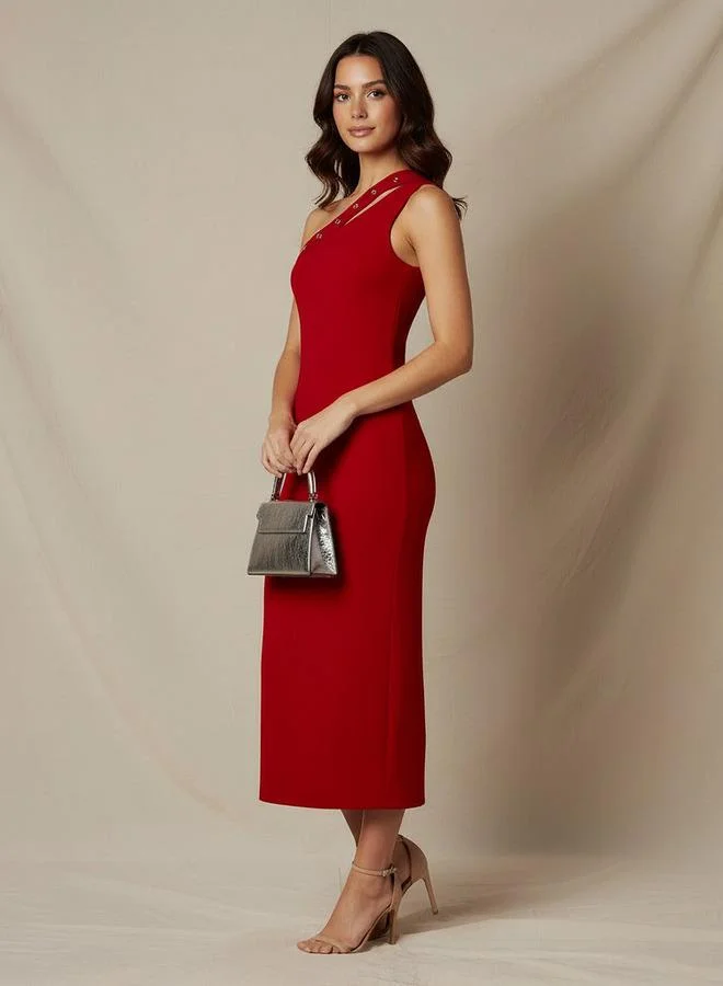 2Xtremz 2Xtremz One Shoulder Midi Bodycon Dress with Rivet Detail